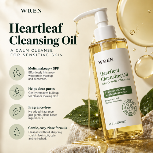 Wren Heartleaf Cleansing Oil, Face Oil Cleanser for Makeup Removal, Blackhead & Pore Care, Skincare for Sensitive Skin, Brightens Skin