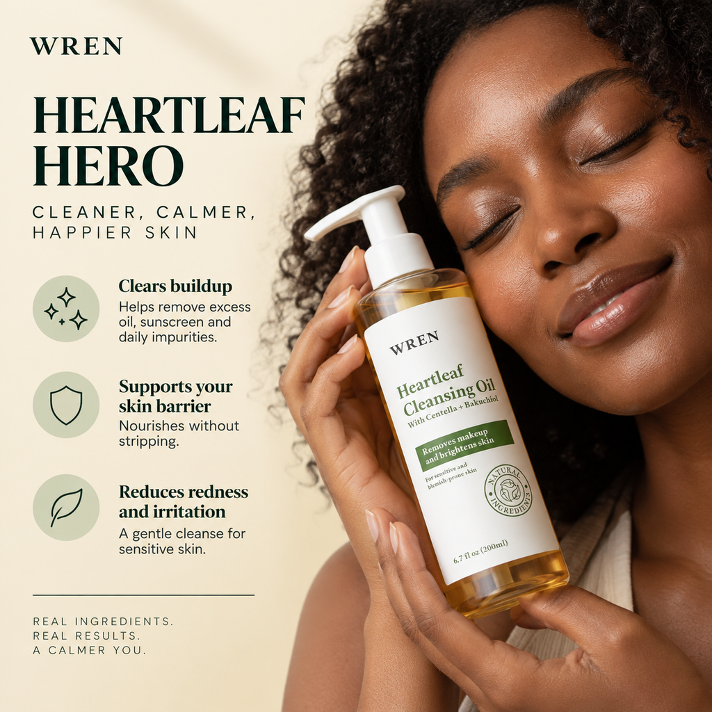 Wren Heartleaf Cleansing Oil, Face Oil Cleanser for Makeup Removal, Blackhead & Pore Care, Skincare for Sensitive Skin, Brightens Skin